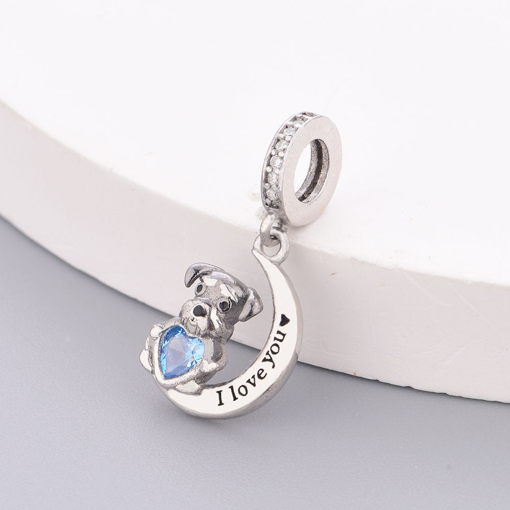 "Faithful Lunar Pulse" - 925 Sterling Silver Schnauzer Moon Dangle Charm