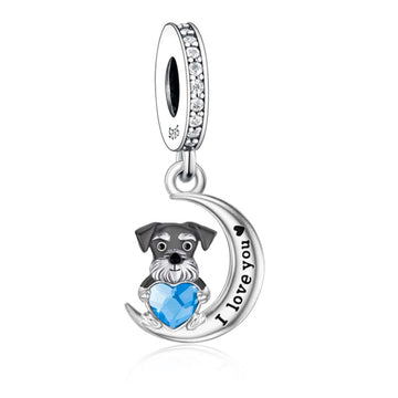 "Faithful Lunar Pulse" - 925 Sterling Silver Schnauzer Moon Dangle Charm