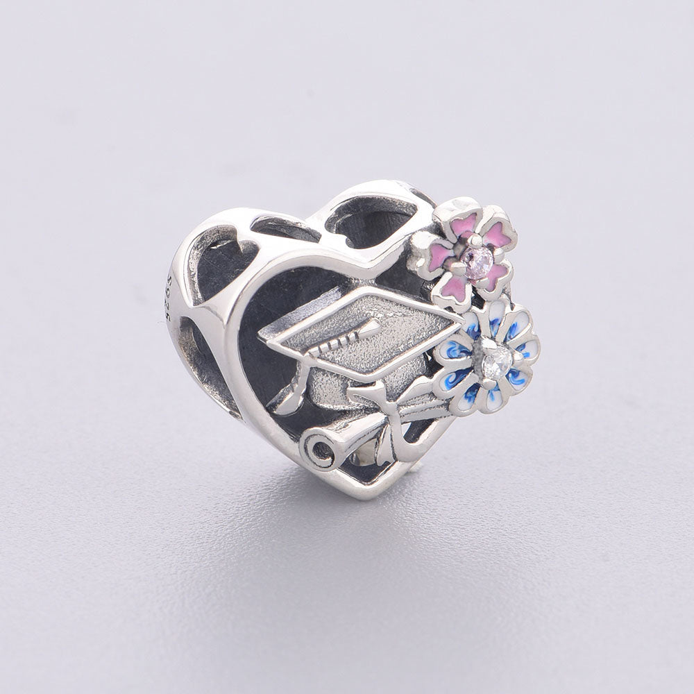 "Floral Triumph" Graduation Heart Charm - 925 Silver & Colorful Enamel