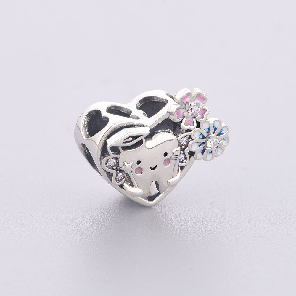 "Professional Peak" - 925 Sterling Silver Dentist Graduation Heart Charm