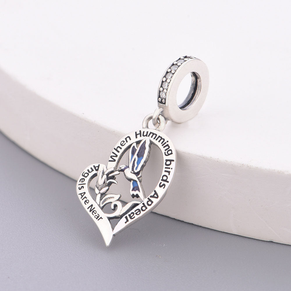 "Angelic Whisper" - 925 Sterling Silver Hummingbird Heart Dangle Charm