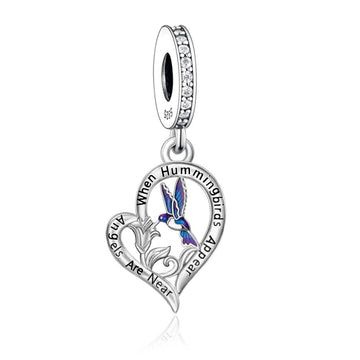 "Angelic Whisper" - 925 Sterling Silver Hummingbird Heart Dangle Charm