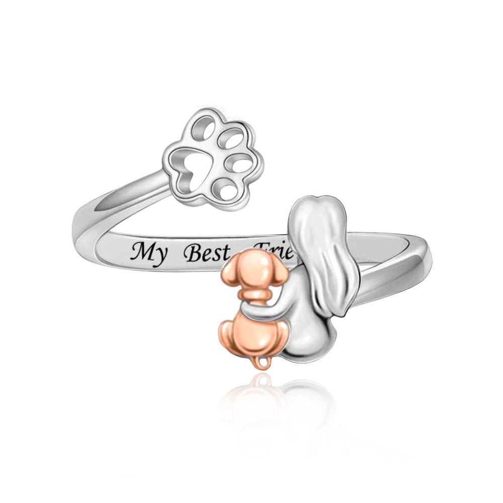"Unspoken Bond" - 925 Sterling Silver Girl Hugging Pet Paw Ring