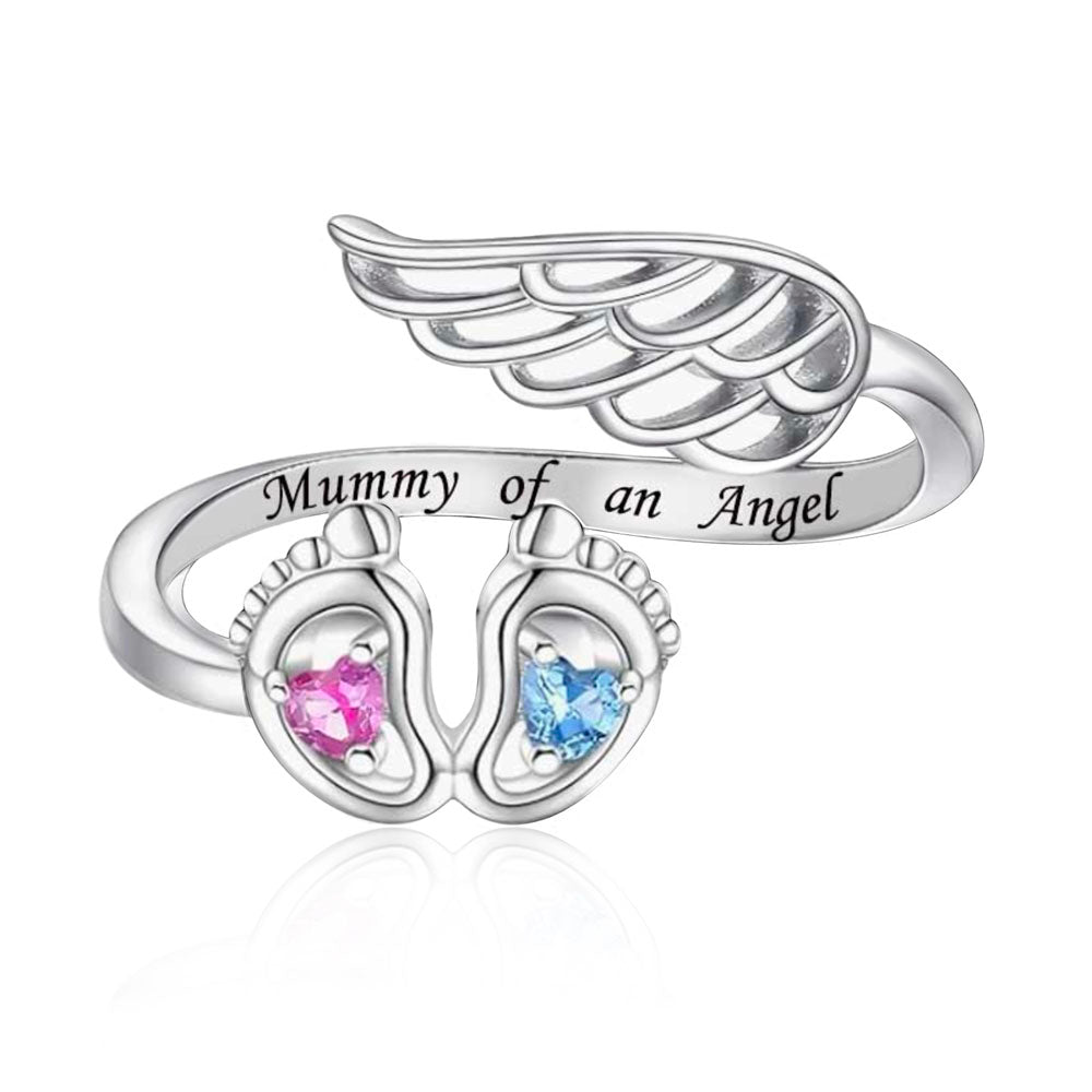 "Angel's Embrace" - 925 Sterling Silver Baby Footprints Wing Ring