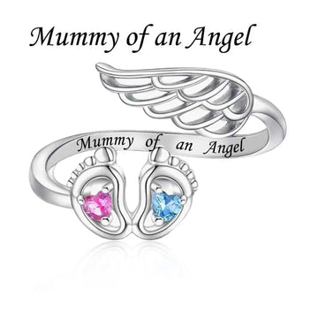 "Angel's Embrace" - 925 Sterling Silver Baby Footprints Wing Ring
