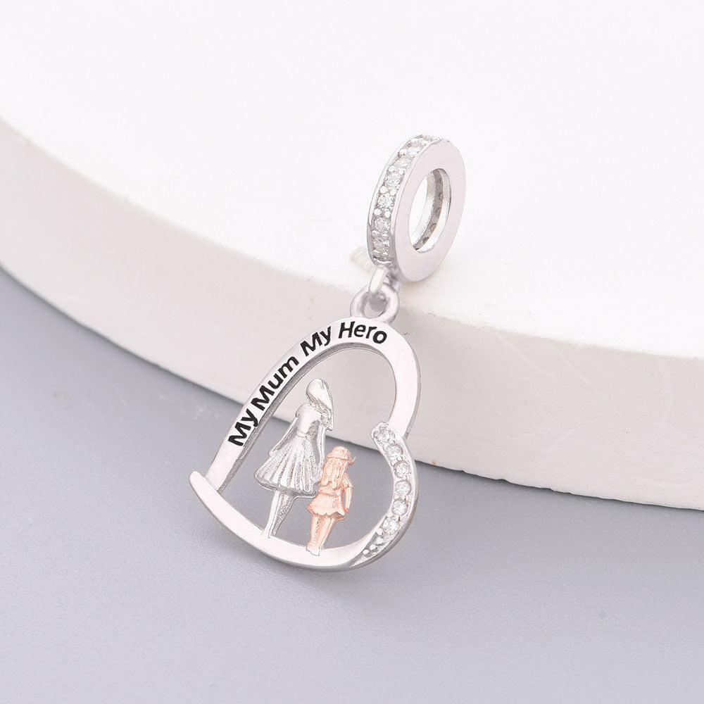 "Luminous Resonance" - 925 Sterling Silver Mother & Daughter Heart Dangle Charm