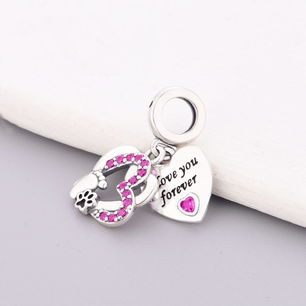 "Eternal Resonance" - 925 Sterling Silver Baby Feet & Paw Heart Dangle Charm