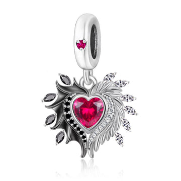 "Duality Resonance" - 925 Sterling Silver Angel & Devil Wing Heart Dangle Charm