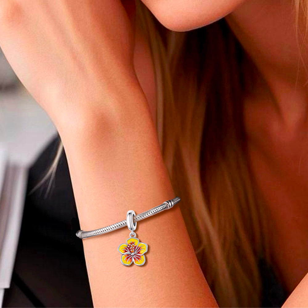"Tropical Resonance" - 925 Sterling Silver Hibiscus Flower Dangle Charm