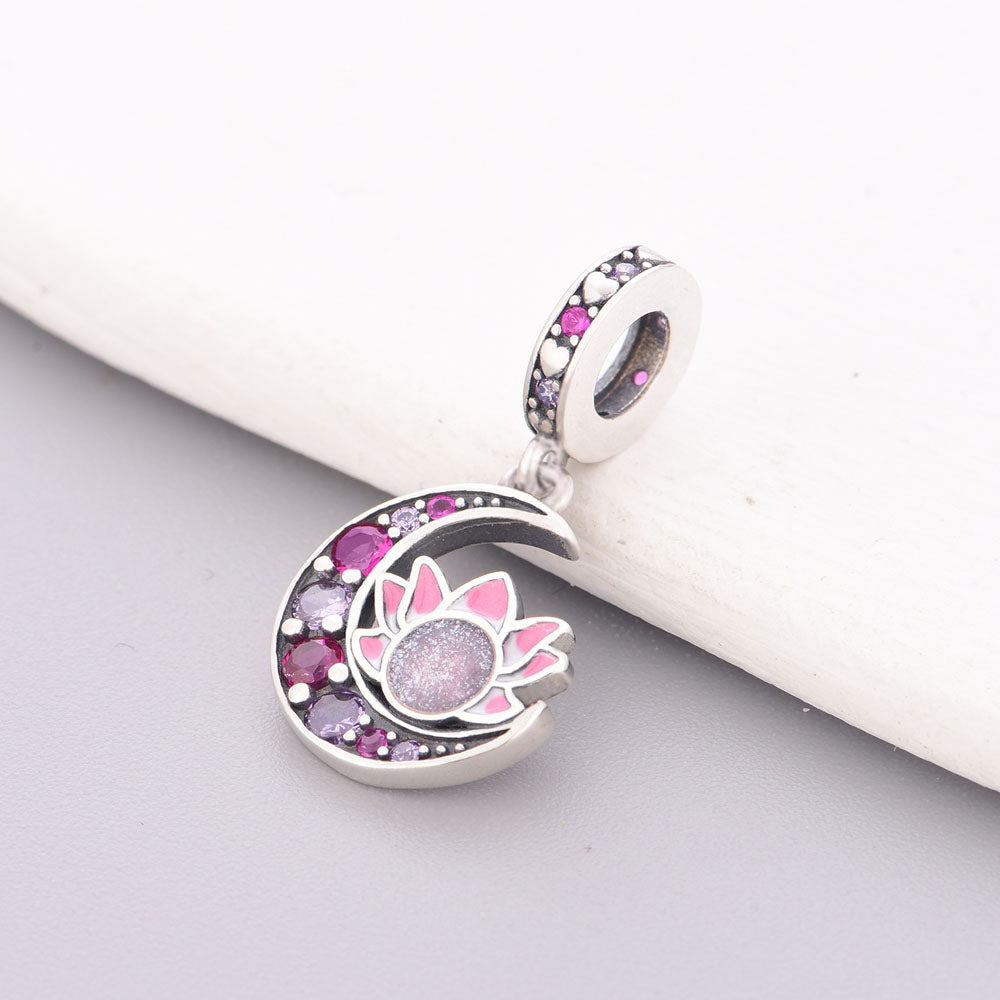 "Lunar Zen" - 925 Sterling Silver Moon & Lotus Flower Dangle Charm