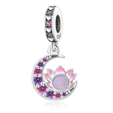 "Lunar Zen" - 925 Sterling Silver Moon & Lotus Flower Dangle Charm