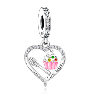 "Baker's Pulse" - 925 Sterling Silver Cupcake & Whisk Heart Dangle Charm
