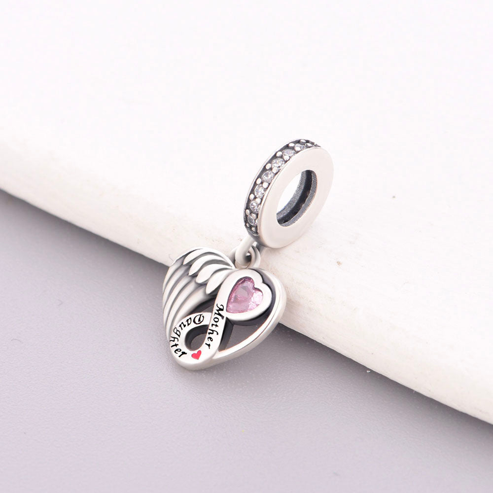 "Eternal Bond" - 925 Sterling Silver Mother Daughter Angel Wing Heart Dangle Charm