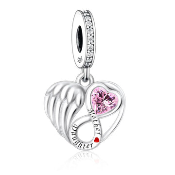 "Eternal Bond" - 925 Sterling Silver Mother Daughter Angel Wing Heart Dangle Charm