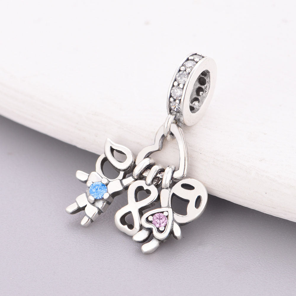 "Infinite Bond" Boy & Girl Family Dangle Charm - 925 Sterling Silver & CZ