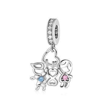 "Infinite Bond" Boy & Girl Family Dangle Charm - 925 Sterling Silver & CZ
