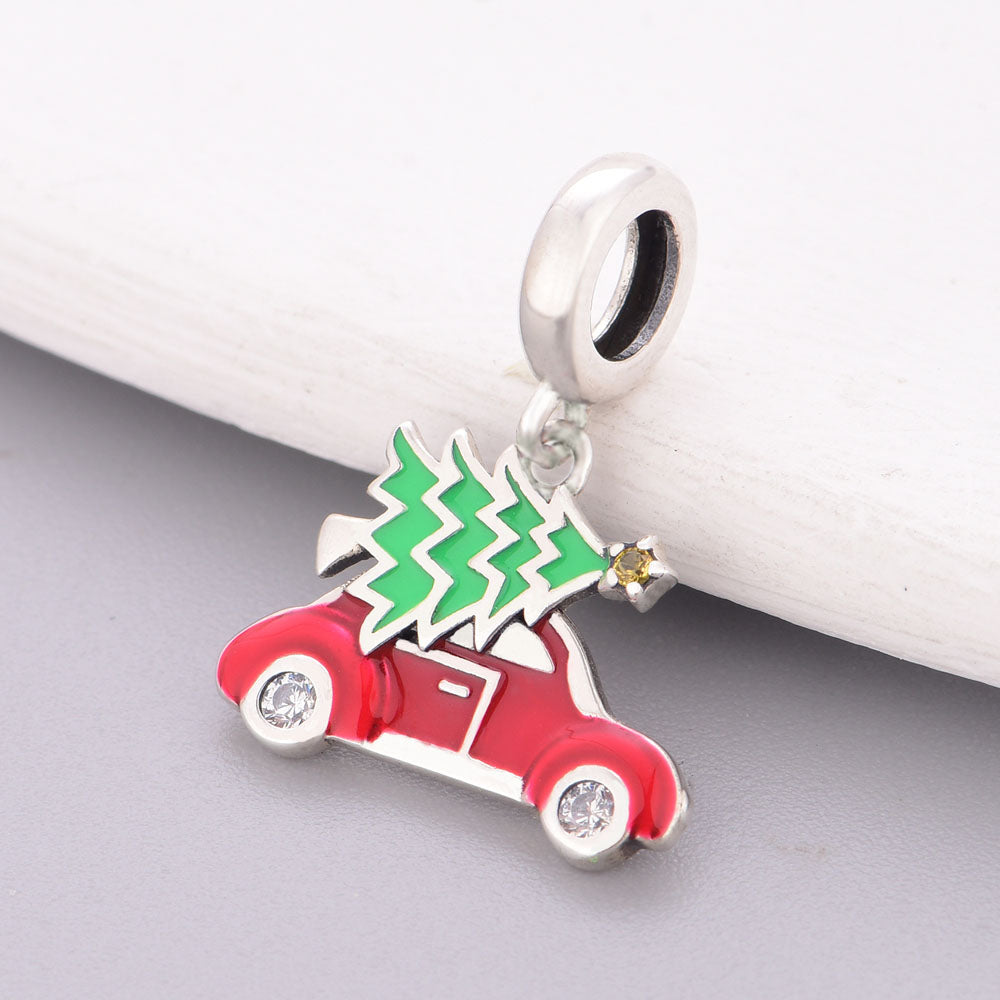 "Festive Journey" - 925 Sterling Silver Christmas Tree & Red Car Dangle Charm