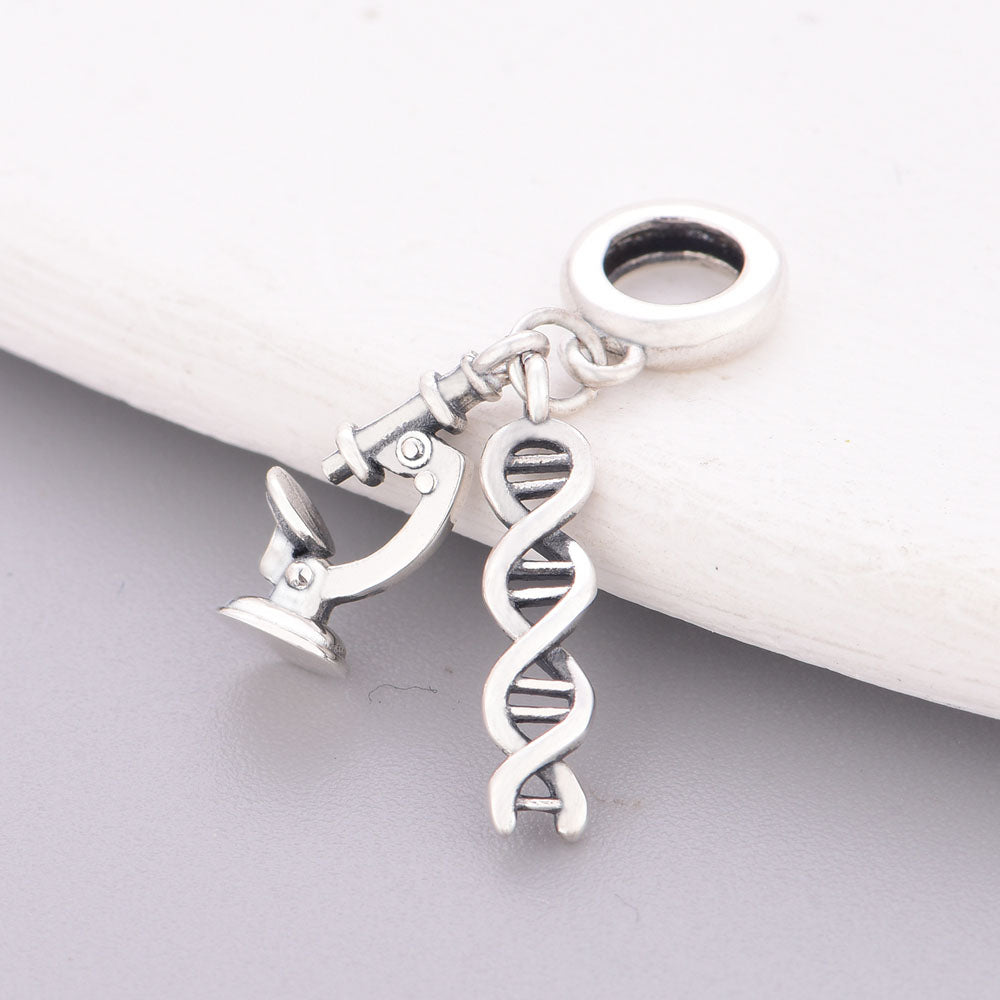 "Genetic Resonance" - 925 Sterling Silver DNA & Microscope Dangle Charm