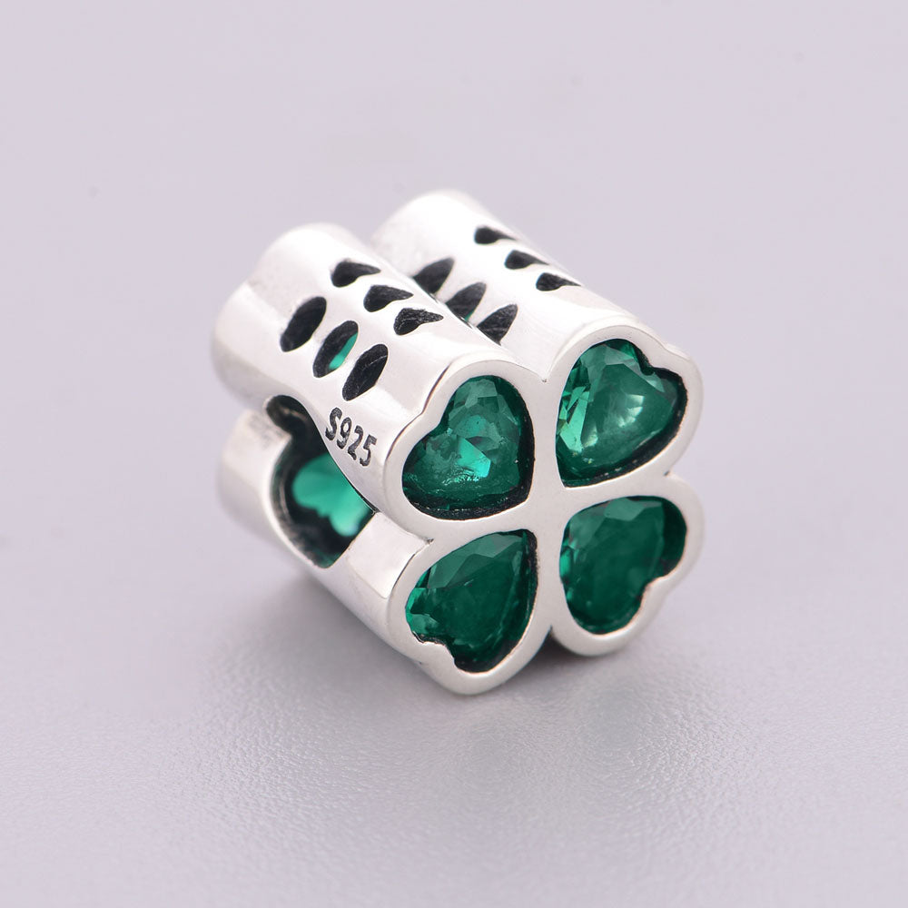 "Lucky in Love" Four-Leaf Clover Heart Charm - 925 Sterling Silver & Green CZ