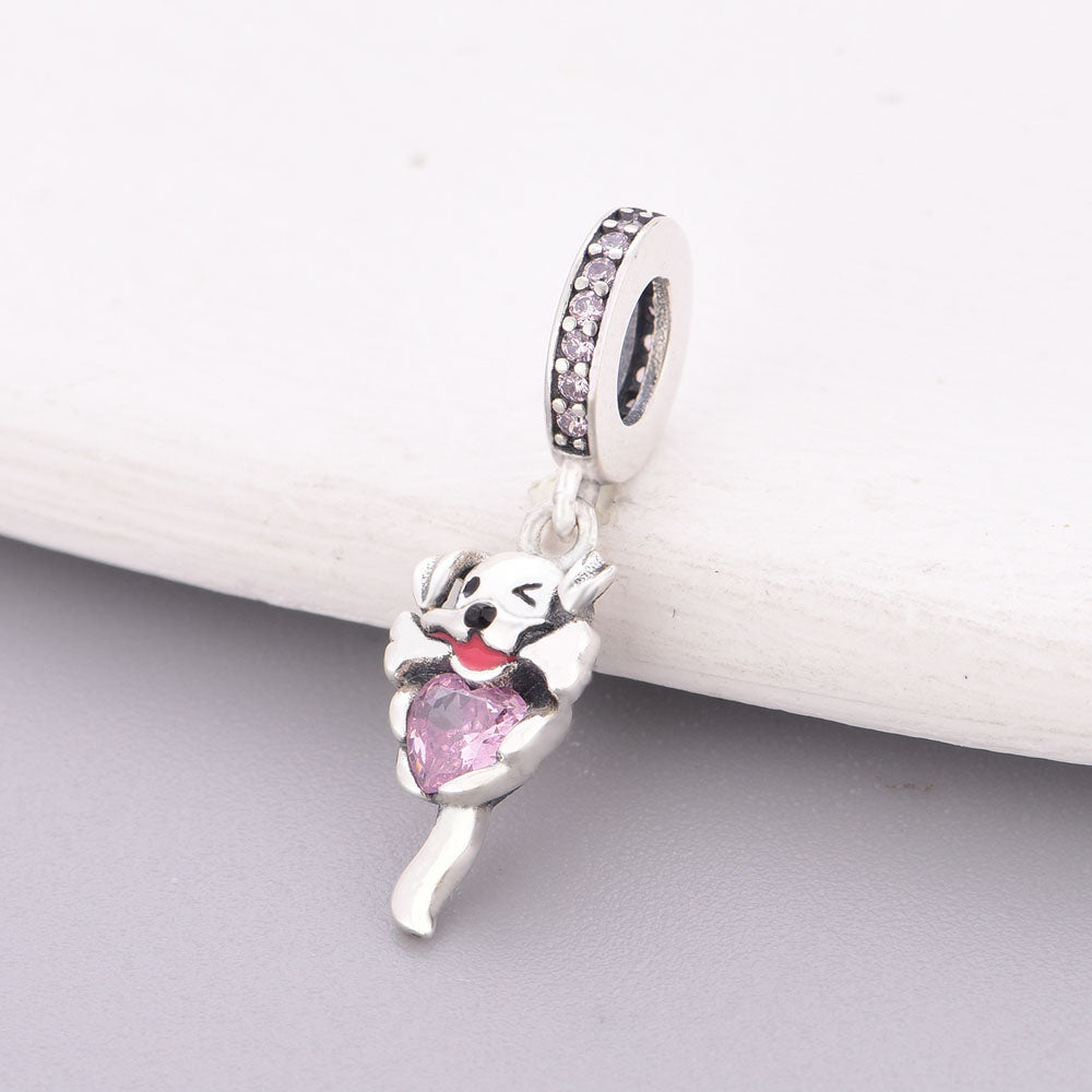 "Playful Devotion" - 925 Sterling Silver Winking Puppy with Bone and Heart Dangle Charm