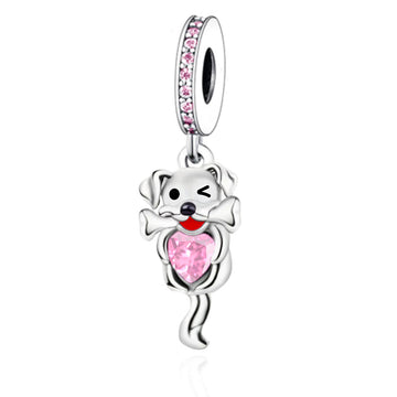 "Playful Devotion" - 925 Sterling Silver Winking Puppy with Bone and Heart Dangle Charm
