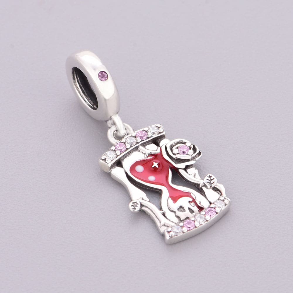 "Eternal Grains" - 925 Sterling Silver Hourglass Rose Skull Dangle Charm