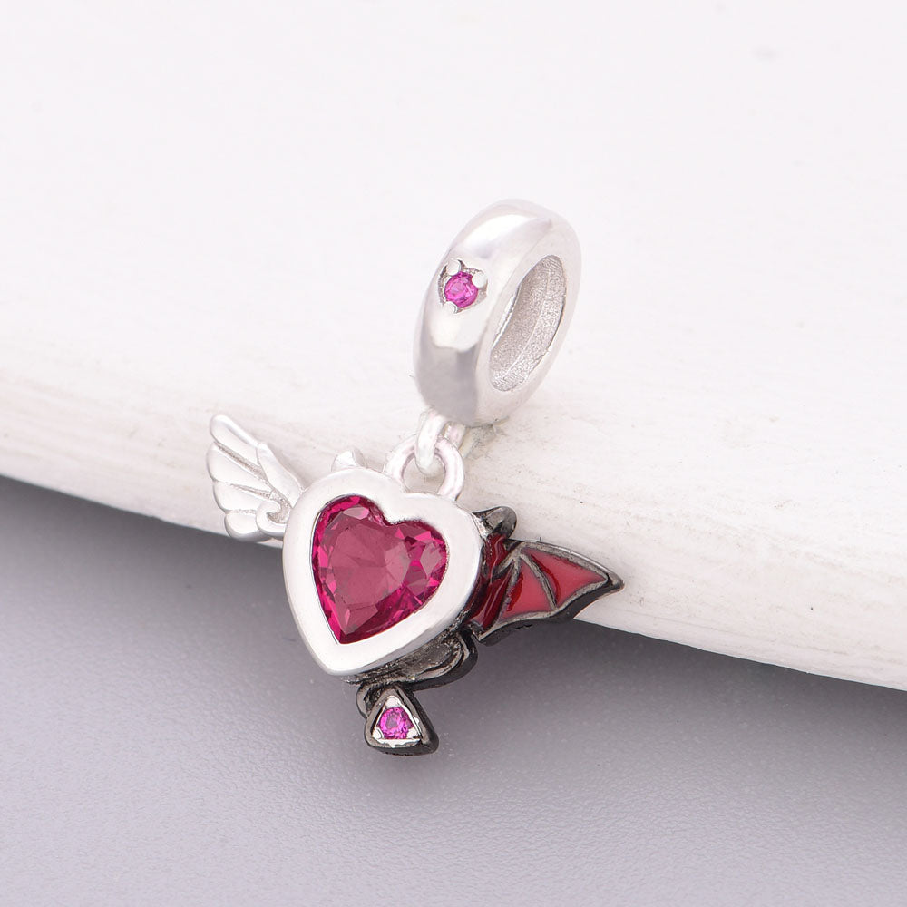 "Duality Within" - 925 Sterling Silver Angel & Devil Heart Dangle Charm
