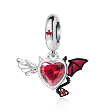 "Duality Within" - 925 Sterling Silver Angel & Devil Heart Dangle Charm
