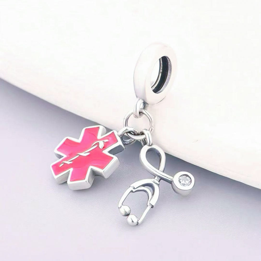 "Eternal Pulse" - 925 Sterling Silver Star of Life and Stethoscope Dangle Charm