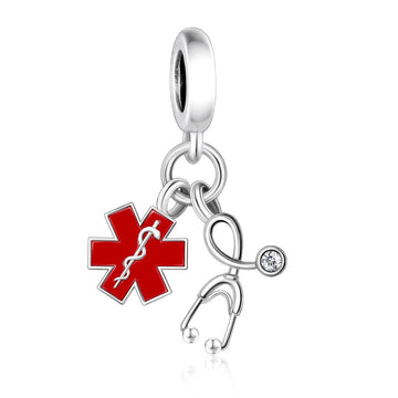 "Eternal Pulse" - 925 Sterling Silver Star of Life and Stethoscope Dangle Charm