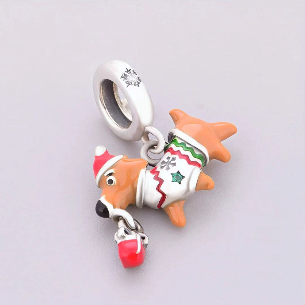 "Festive Corgi Resonance" - 925 Sterling Silver Christmas Dog Dangle Charm