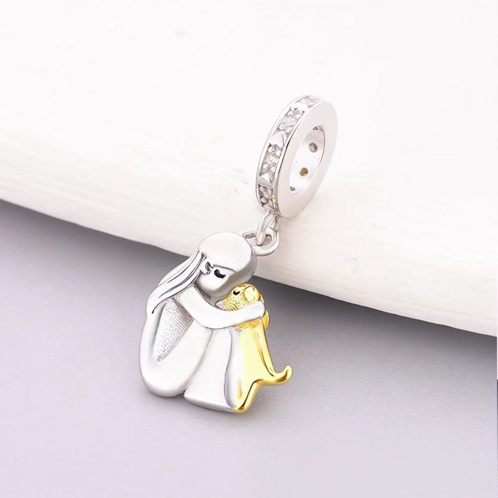 "Golden Solace" Hugging Girl & Dog Pendant Dangle Charm - 925 Sterling Silver