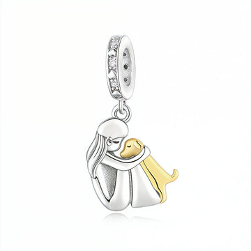 "Golden Solace" Hugging Girl & Dog Pendant Dangle Charm - 925 Sterling Silver