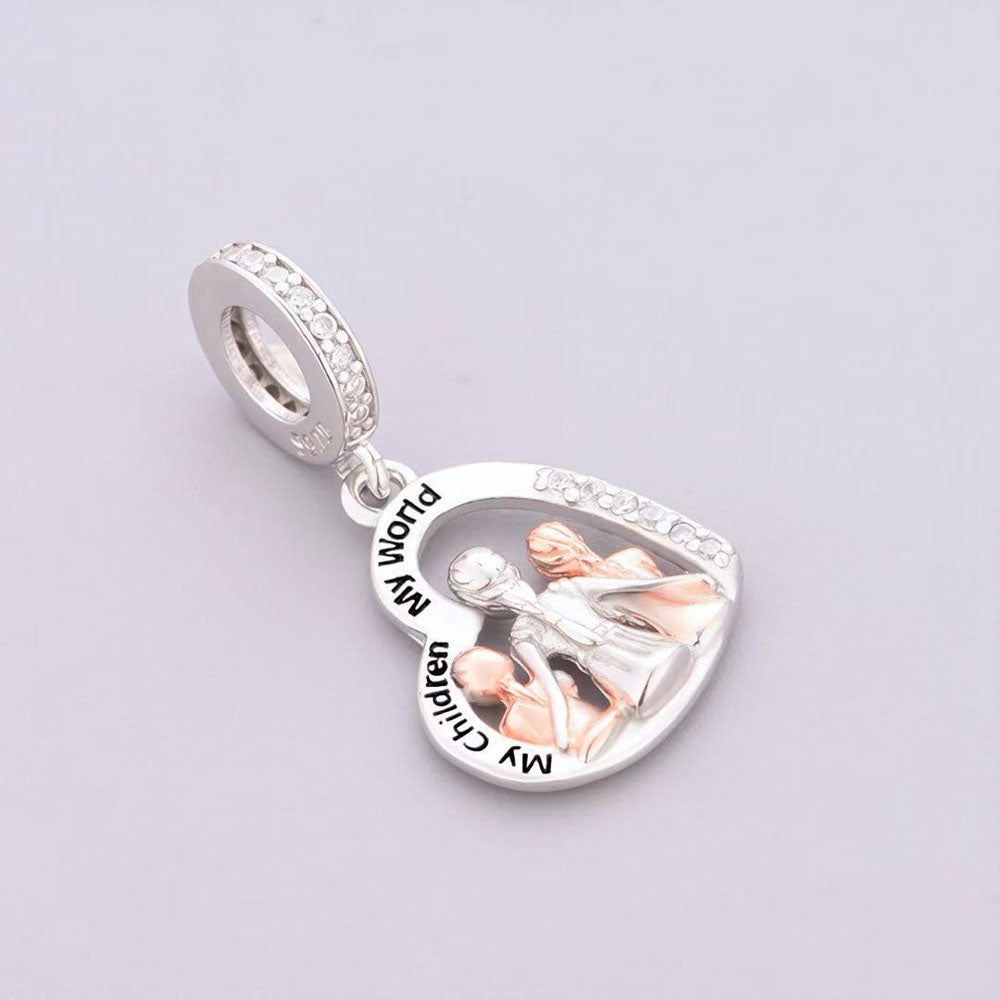"Mother’s World Resonance" - 925 Sterling Silver Family Heart Dangle Charm