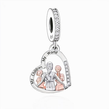 "Mother’s World Resonance" - 925 Sterling Silver Family Heart Dangle Charm