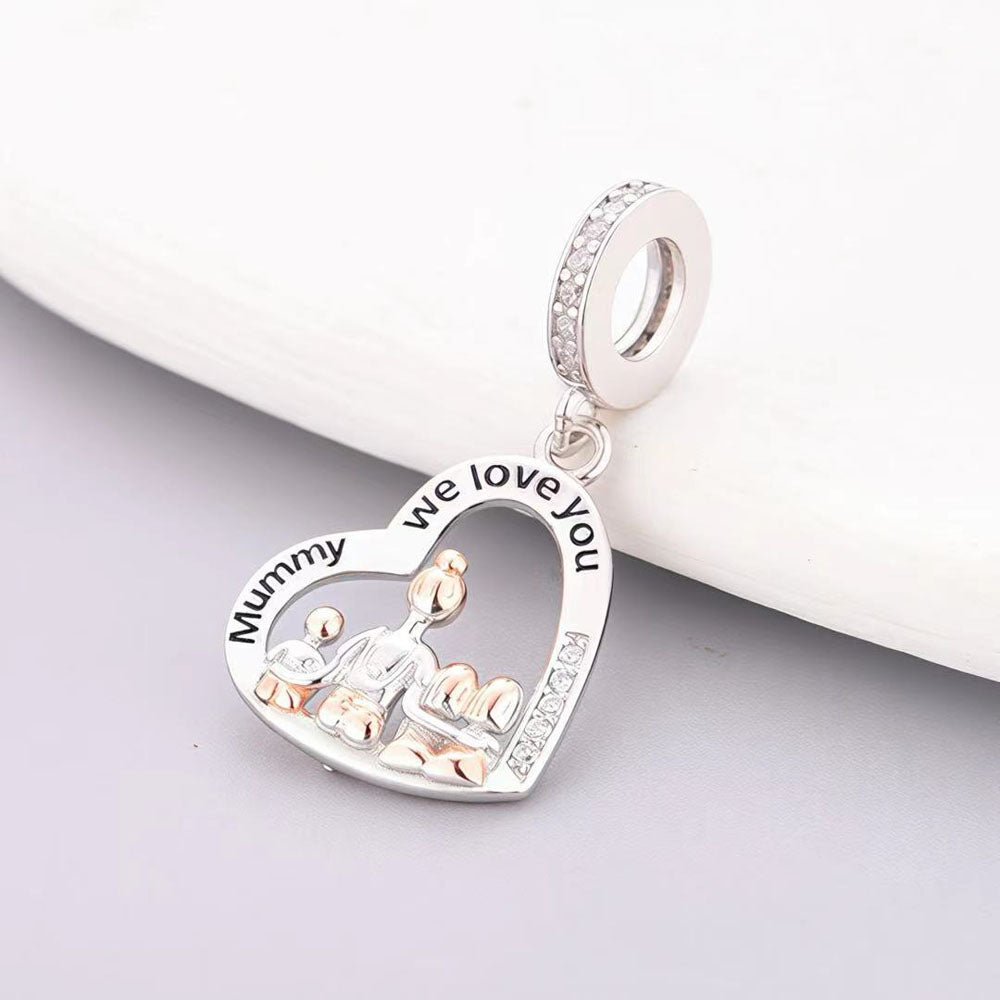 "Mummy’s Radiance" - 925 Sterling Silver Family Heart Dangle Charm