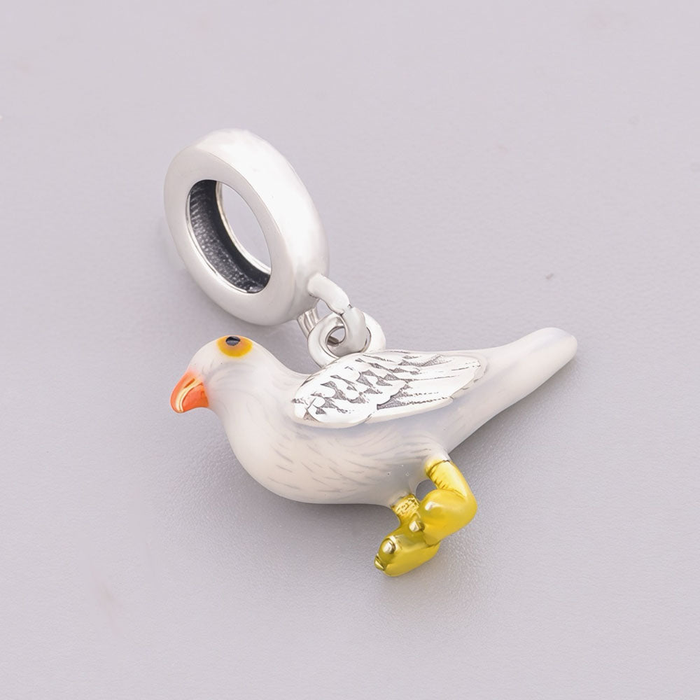 "Freedom Seeker" Seagull Dangle Charm - 925 Silver White Enamel