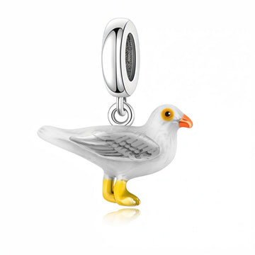 "Freedom Seeker" Seagull Dangle Charm - 925 Silver White Enamel