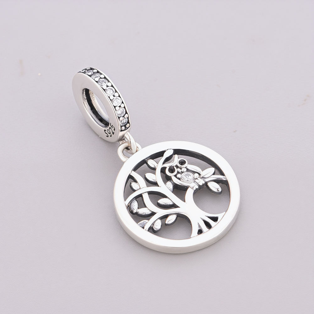 "Ancient Wisdom" - 925 Sterling Silver Tree of Life Owl Dangle Charm