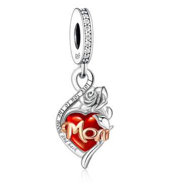 "Heart of Grace" Mom Red Glass Dangle Charm - 925 Silver & Rose Gold Accent