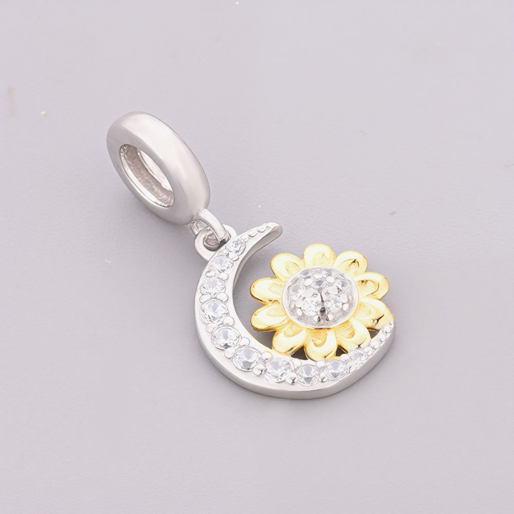 "Eternal Radiance" - 925 Sterling Silver Sunflower Moon Dangle Charm