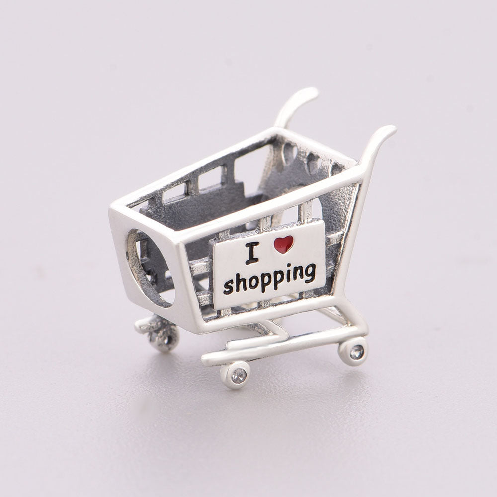 "Retail Resonance" - 925 Sterling Silver I Love Shopping Cart Bead Charm