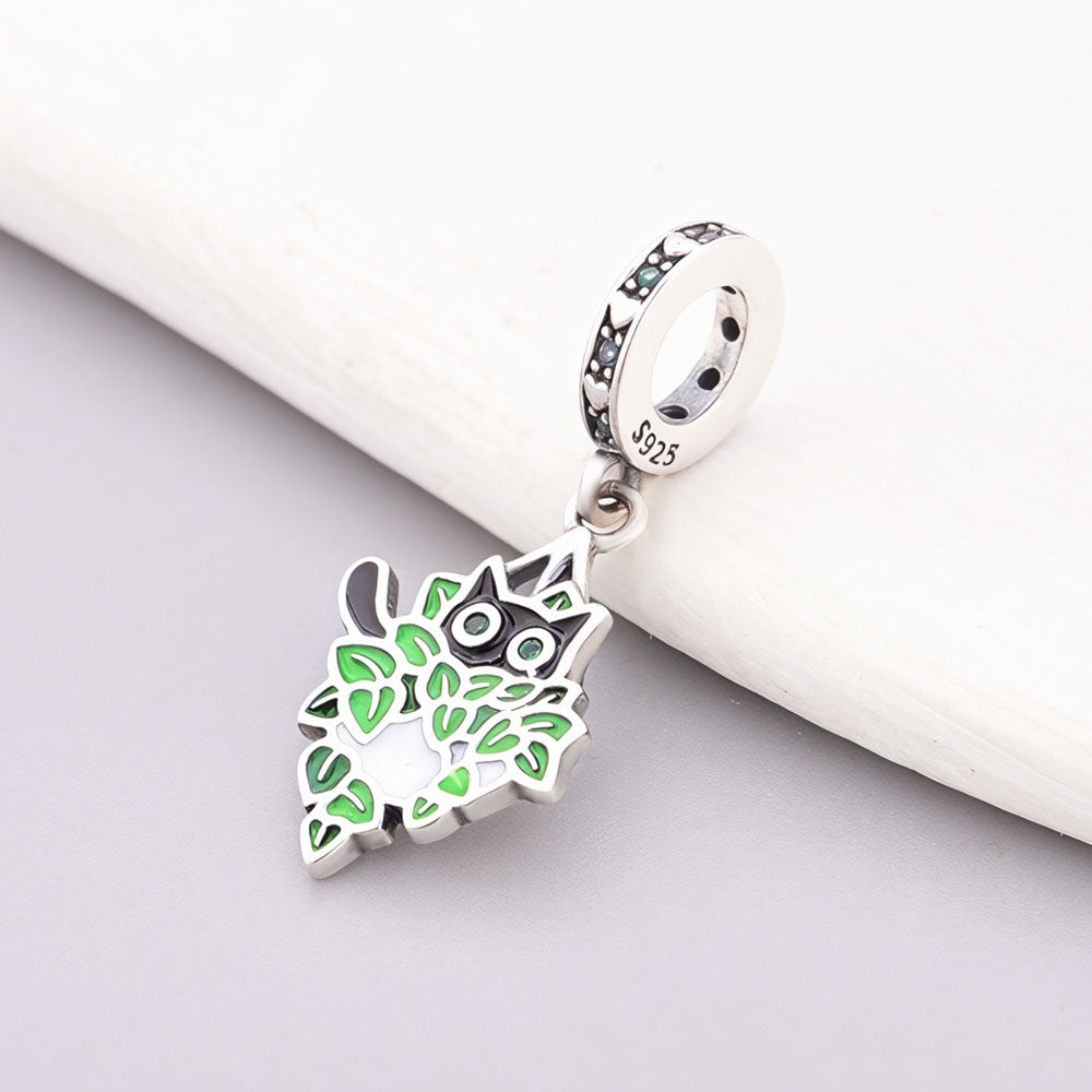 "Botanical Feline" - 925 Sterling Silver Black Cat Plant Dangle Charm