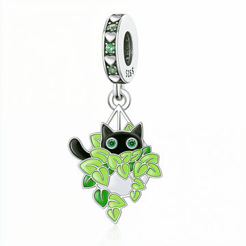 "Botanical Feline" - 925 Sterling Silver Black Cat Plant Dangle Charm