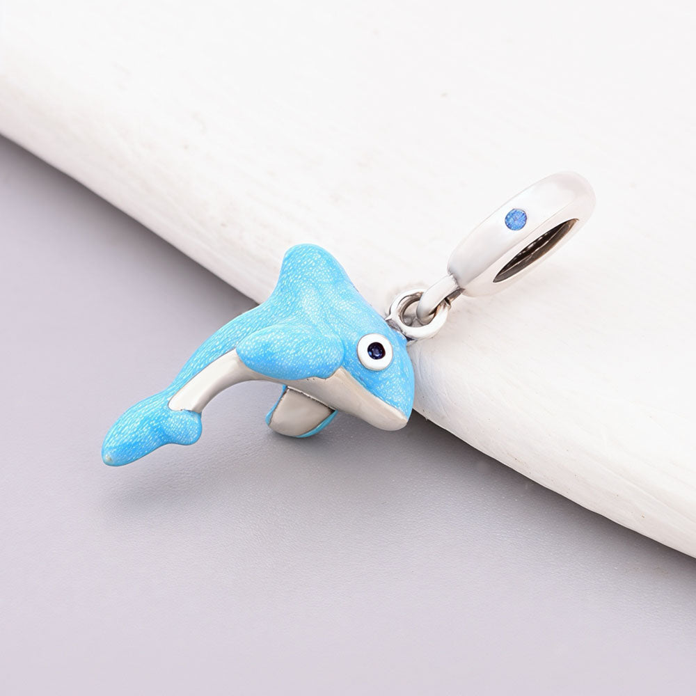 "Dolphin Ripple" - 925 Sterling Silver Blue Enamel Dolphin Dangle Charm