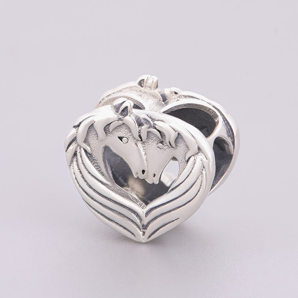 "Equine Soulmate" - 925 Sterling Silver Nuzzling Horses Heart Bead Charm