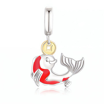 "Prosperous Leap" - 925 Sterling Silver Koi Fish & Golden Coin Dangle Charm
