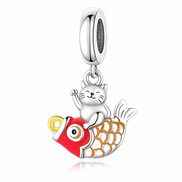 "Auspicious Harmony" - 925 Sterling Silver Lucky Cat & Koi Fish Dangle Charm