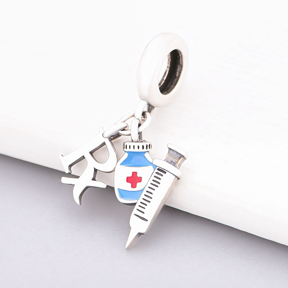 "Healing Pulse" - 925 Sterling Silver Rx Medical Bottle Syringe Dangle Charm