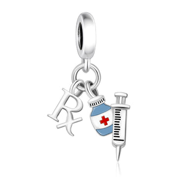 "Healing Pulse" - 925 Sterling Silver Rx Medical Bottle Syringe Dangle Charm